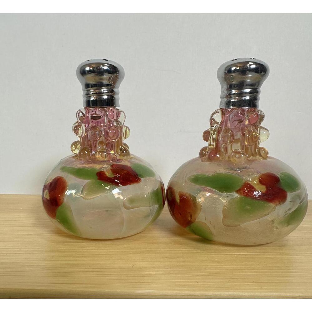 Vintage Art Glass Salt Pepper Shakers Beaded Collar Swirl Pair